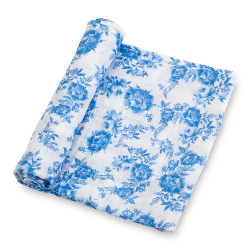 LollyBanks Baby Swaddle Blanket, 100% Cotton Muslin Blankets for Girls, Large 47 x 47 Inches Soft and Breathable Swaddles for Newborns, Gentle Baby Wrap Swaddle, Registry (Blue Peony Print)
