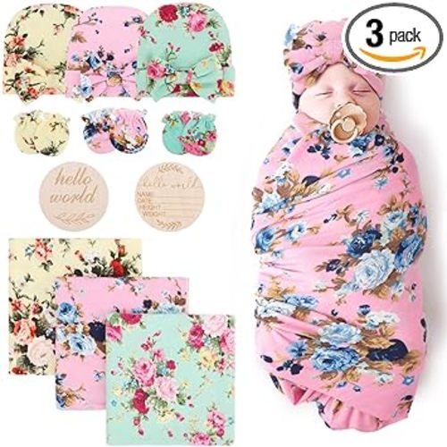 DRESHOW BQUBO Floral Swaddles for Baby Girl Newborn Receiving Blanket with Bow Hat Mittens Wooden Birth Announcement Card Set Baby Floral Print Swaddle Nursery Swaddle Wrap