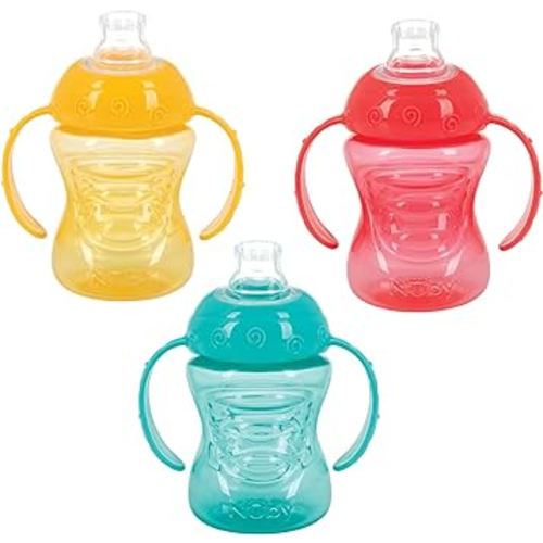 Nuby 3 Pack Two Handle No Spill Toddler Sippy Cups - Toddler Cups Spill Proof with Easy and Firm Grip - Aqua, Yellow, Coral