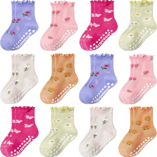 Baby Toddler Girls Socks Grip Ruffle Non Slip Girls Cotton 12 Pack Socks for Kids Cute Ankle 6M-7Years