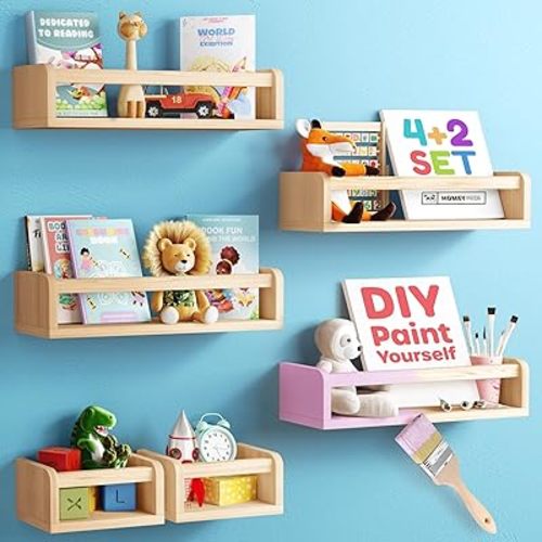 DIY Wall-Mounted Nursery Bookshelves - 4 Long + 2 Mini Shelves, Kids Room Storage (DIY Paint Pine Wood)