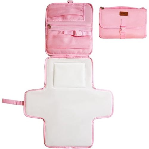 Portable Changing Pad for Baby, Travel Diaper Changing Pad for Newborn, Waterproof Baby Changing Mat, Foldable & Detachable Diaper Changing Station with Baby Wipes Pockets(Pink)