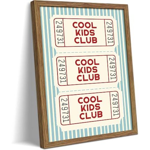 Framed Cool Kids Club Wall Art, Vintage Blue Stripe Nursery Canvas Wall Decor Painting, Preppy Ticket Playroom Artwork Poster Print Picture for Kids Room Boy Room 12x16 Inch