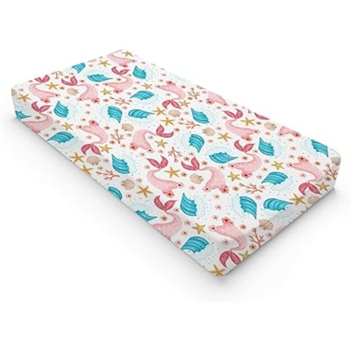 Colorful Nautical Life Changing Pad Cover Mermaid Starfish Conch Coral Wave Baby Change Table Pad Cover for Boy Girl Sea Ocean Marine Animal Soft Stretchy Fitted Diaper Changing Mat Sheets 32''x16''