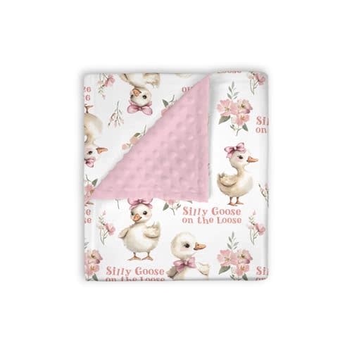 Mink Baby Girl Blanket Silly Goose on the Loose, Funny Pink Flower Geese Farm Animal Double Layer Dotted Backing Receiving Swaddle Newborn Infant Toddler Nursery Crib Bedding Shower Gift 30x40