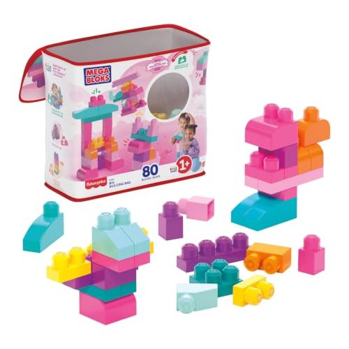 MEGA BLOKS First Builders Big Building Bag Toddler Blocks Toy Pink | 80 Colorful Pieces, Creative Open-Ended Play, Storage, Pink, Preschool Kids Ages 1+ Years, Easy to Build