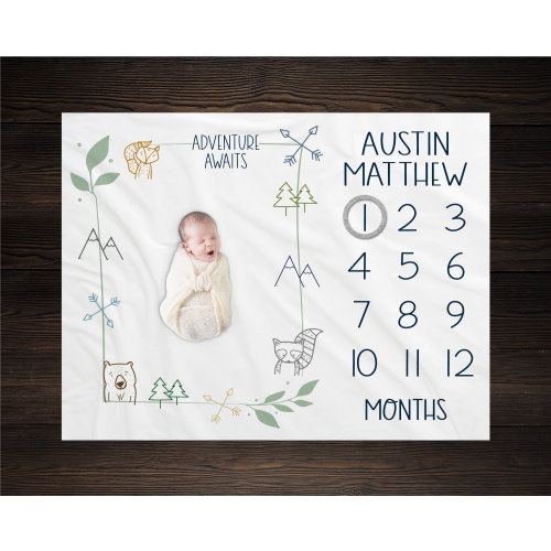 Adventure Awaits Baby Milestone Blanket, Woodland Milestone Blanket, Personalized Baby Blanket, Today I Am Baby Blanket, Baby Boy, BM27