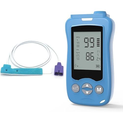 Handheld Fingertip Pulse Oximeter, Medical Grade Pediatric Pulse Oximeter Wrap Probe for Infant Kids Adult, Continuous Pulse Oximeter and Spot Checking, Fast Reading SpO2 Pulse Rate Respiration Rate, Adjustable Audio Visual Alarm (Blue)