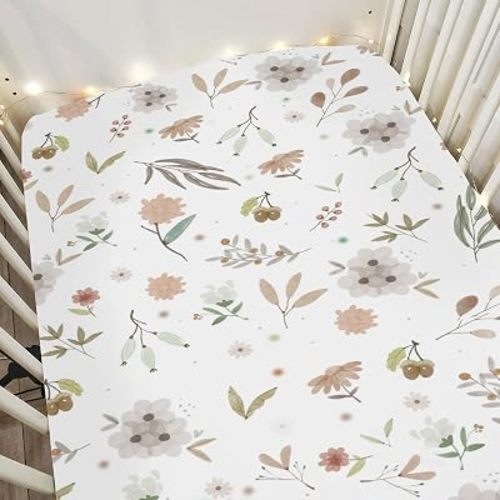 Greenery Boho Floral Baby Crib Sheets for Boy Girl 52x28Inch Vintage Flowers Leaves Soft Stretchy Fitted Crib Mattress Cover Summer Spring Garden Baby Sheet for Standard Crib and Toddler Mattress
