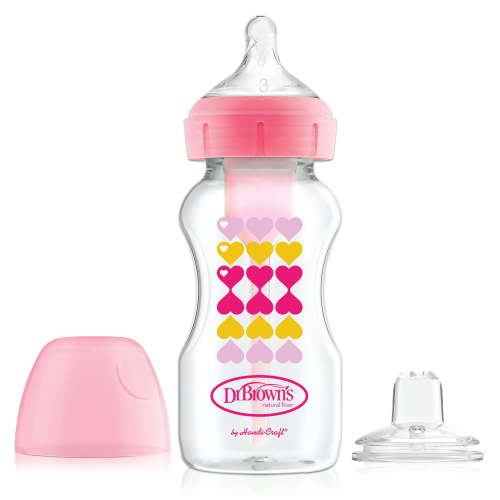 Dr. Brown’s Anti-Colic Options+ Wide-Neck Sippy Bottle Starter Kit, 9oz/270ml, Pink, BPA Free, 6m+