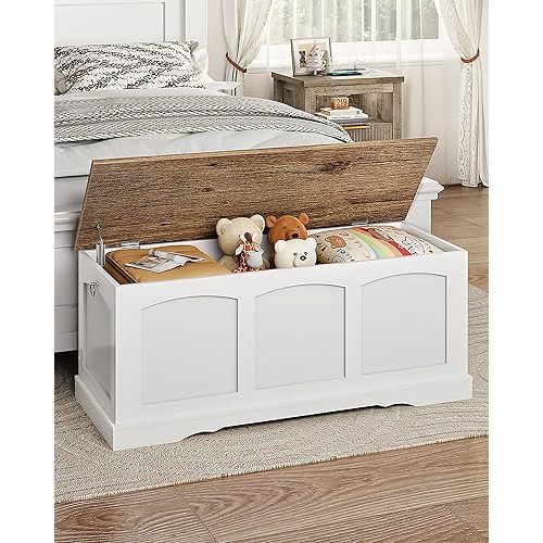 39.4" Storage Chest Bench with Lift Lid, Toy Chest with Safety Hinge, Entryway Shoe Bench, Wooden Storage Trunk, Holds up to 220 lb, for Living Room, Bedroom, Hall, White and Walnut MCW12WL