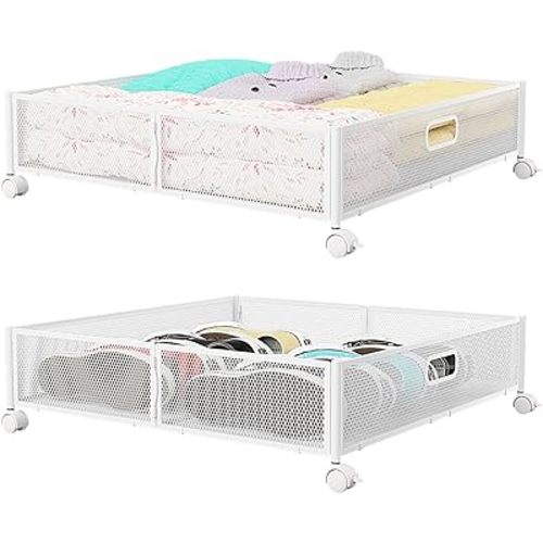 Under Bed Storage Containers with Wheels - Shoe Storage Organizer Drawer, Tool-free Assembly Metal Underbed Storage Containers for Bedroom Clothes, Shoes, Blankets - 2Pack