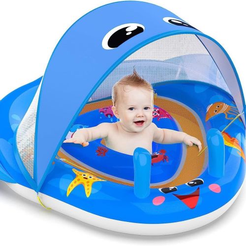 Kid Odyssey Baby Pool Float with Canopy UPF50+ Sun Protection, 6-24 Months Inflatable Infant Swimming Ring with Adjustable Safety Seat