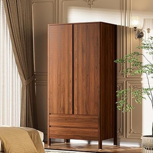 Armoire Wardrobe Closet, 70.9" Tall Wardrobe Cabinet with 2 Doors, 2 Large Drawers and Hanging Rod, Wooden Clothing Storage Cabinet for Bedroom, Cloak Room, Walnut