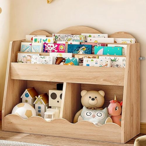Kids Bookshelf and Toy Storage, Children's Bookcase with 2 Toy Cubes, Toddler Book Shelf for Kids Room, Wooden Book Organizer, for Playroom, Nursery, Living Room, Natural MCW15NL