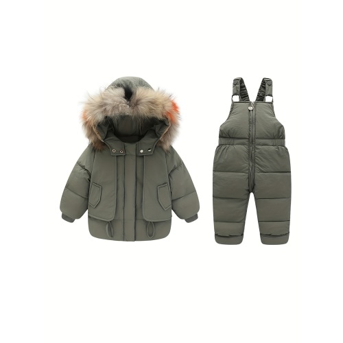 1-2T Boys' And Girls' Winter Outfits Including Snow Pants And Jackets for Toddlers, Winter Clothing., Seasonal Outerwear, Playful Kid Style, Fun Zipper, Nonstretch Fabric, Comfortable Outdoor Gear, Set with Jackets, Long Sleeve Jacket