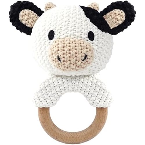 Baby Rattle Toys 0-6 Months Infant Sensory Toys Newborn Baby Toys Teething Toys for Babies Soft Plush Knit Wooden Ring Rattle Toy Baby Girl Boy Toys Cute Cow Baby Shower Gift Infant Toys