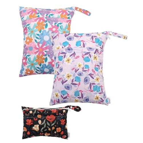 ALVABABY 3 Cloth Diaper Wet Dry Bags Waterproof Reusable with Two Zippered Pockets Travel Beach Pool Daycare Soiled Baby Items Yoga Gym Bag for Swimsuits or Wet Clothes Small medium Large 3L-SML07