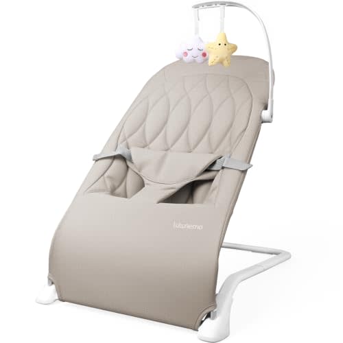 Portable Baby Bouncer Seat with Wide Base for Excellent Stability & Support | Soft, Removable & Machine Washable Cover, Infant Bouncer with Hanging Toy, Home Daily Baby Bouncer for Parent Chores (Khaki)