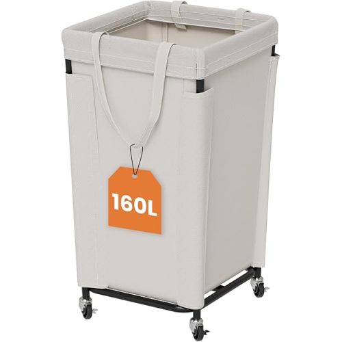 Laundry Basket with Wheels, Laundry Hamper with Removable Bag and Steel Frame, 160L Rolling Dirty Clothes Basket for Bedroom, Bathroom, Laundry Room (Beige)