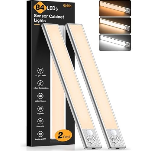Gritin 10.2inch Under Cabinet Lighting Rechargeable 2 Pack- 3 Color Temps&5 Level Brightness, Super Bright, 4 Modes, Motion Sensor, Long Lasting - Easy Installation Magnetic Under Closet Lights