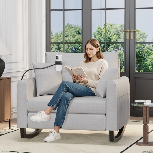 HOMREST Upholstered Oversize Rocking Chair with Adjustable Phone Handle, Nursery Rocking Chair with High Back and Side Pocket USB Port, Grey
