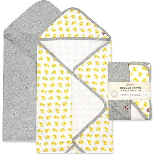 Zutano Hooded Baby Towels, Organic Cotton Baby Bath Towel, Ultra Soft and Absorbent Baby Towel for Newborn and Infant | Girl, Boy, and Unisex Towel Set, Rubber Duckies, 2-Pack