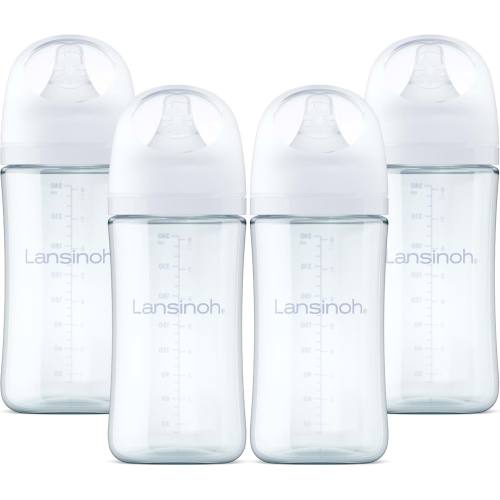 Amazon.com: Lansinoh Anti-Colic Glass Baby Bottles, White Collar, 8 Ounces, 4 Count | Medium Flow Nipples (M), 3-6 Months, Borosilicate Glass, Lansinoh Bottles with NaturalWave Design, Baby Feeding Essentials