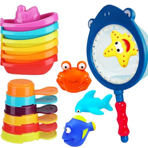 17 PCS Baby Bath Toys for Kids Ages 1-3, Mold Free No Hole Bathtub Toys with Floating Boats, Bath Spoons & Shark Net, Water Table Toys for Pool, Beach, Shower, Bath Toys for 2 3 4 Year Old Boys Girls