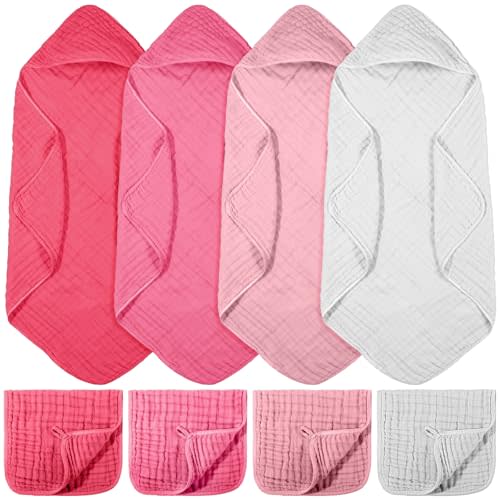 VitalCozy 8 Pcs Baby Muslin Hooded Bath Towels and Washcloths Muslin Cotton Hooded Baby Towels Absorbent Blankets for Gift Newborn Infant Shower (32 x 32 Inch,Bright Colors)