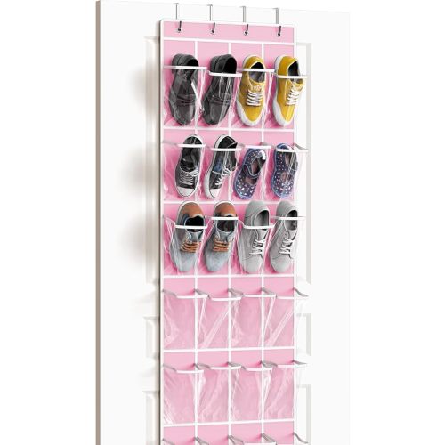 Simple Houseware 24 Pockets - Crystal Clear Over The Door Hanging Shoe Organizer, Pink (64'' x 19'')