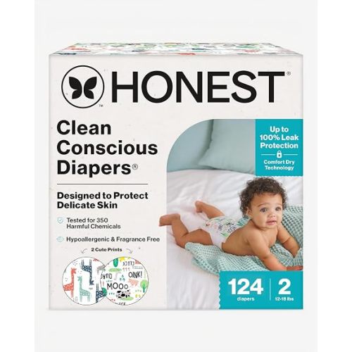 The Honest Company Daytime Diapers, Multi-Colored Giraffes, Size 2, 124ct