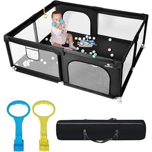 71" x 59" Extra Large Baby Playpen for Babies and Toddlers, Safe Activity Center with Soft Play Fence, Indoor Safety Yard, Easy to Assemble and Clean (Black)
