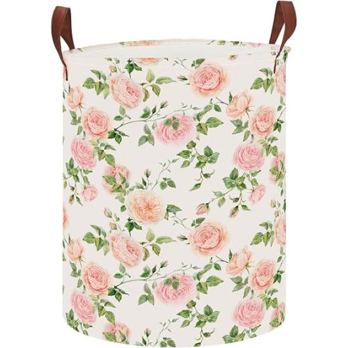 CLOCOR Round Collapsible Flat Storage Basket,Space-Saving Fabric Laundry Hamper,Storage Bag,Nursery Hamper,Gift Basket(Watercolor Rose)