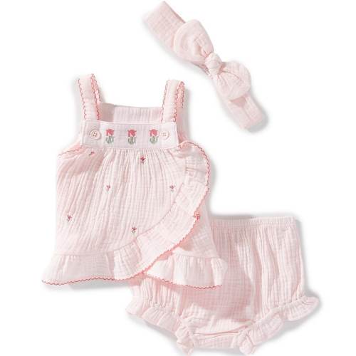 Little Me Baby Girls Woven Cotton Gauze Embroidered Tulips 2-Piece Scallop Trim Faux Wrap Sunsuit & Headband