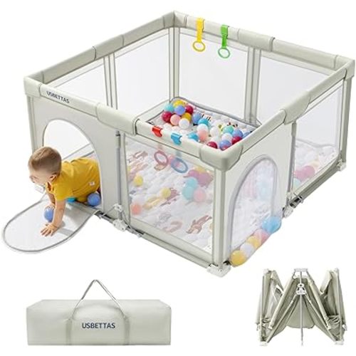 Foldable Baby Playpen, 1-Minute Setup, Lightweight Portable Playpen with Carry Bag, 50"x50" Indoor Outdoor Safty Play Yard for Babies & Toddlers, Beige