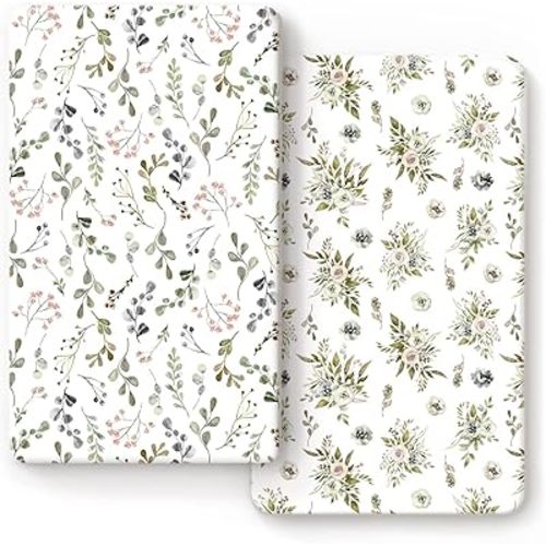 GRSSDER Stretchy Ultra Soft Jersey Knit Fitted Crib Sheets Set 2 Pack, Cozy Crib Sheet Fits All Standard Crib Mattress Pads, Stylish Watercolor Rose and Flora