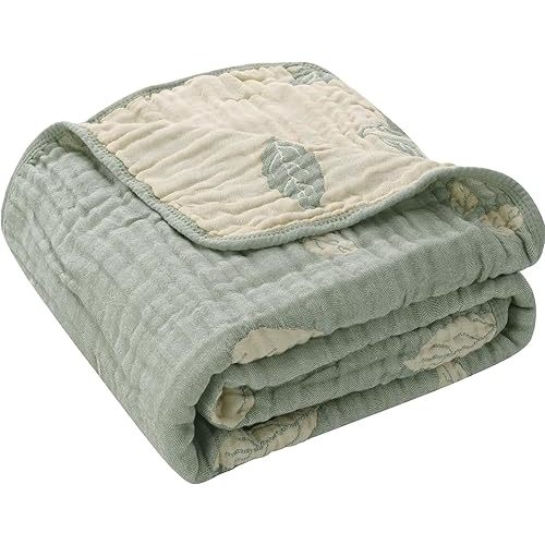 Botanical Muslin Baby Blanket - Made with Organic Cotton, Sage Green Leaf Jacquard for Gender Neutral Nursery, Baby Registry Gift, 43x43 Inches (Terra Sage Green)
