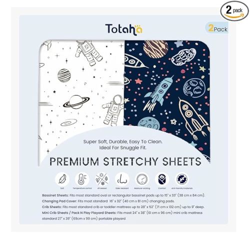 TotAha Premium Soft Space Pack n Play Sheets, Super Stretchy Jersey Knit Mini Crib Sheets Fitted, Silky Comfort Graco Pack and Play Mattress Sheets, 2 Pack