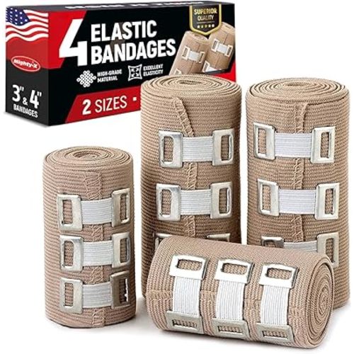 Premium Elastic Bandage Wrap - 4pk (2x3in, 2x4in) + 12 Extra Clips - Strong Compression Bandage Wrap for Wrists, Ankles, Feet and Knees