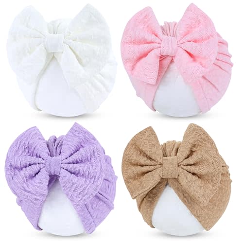 Cinaci 4 Pieces Baby Girls Turban Hats with Bow Newborn Hospital Caps Bonnets Beanies Headwraps for Infants Toddlers