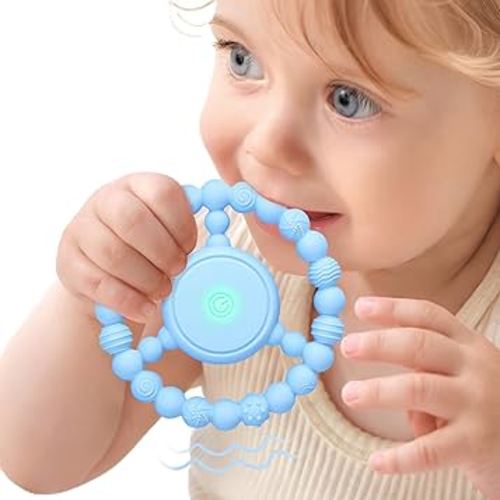 Vibrating Teething Toy with 3D Multi-Texture, Food-Grade Silicone Sensory Chew Toy for Autism Kids and Baby 3-18 Months, Baby Teething Ring for Teething Relief, Light Blue