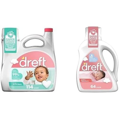 Bundle of Dreft Stage 2 Active Baby Liquid Laundry Detergent, 114 loads + Dreft Stage 1: Newborn Hypoallergenic Liquid Baby Laundry Detergent, Natural for Baby, Newborn, or Infant, 92 Oz (64 loads)