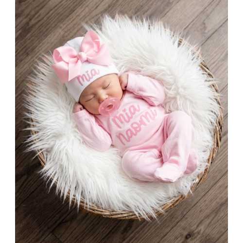 Newborn Girl Coming Home Outfit, Personalized Romper and Pink Bow