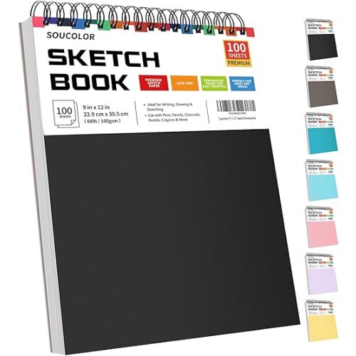 Soucolor Sketch Book, Spiral Bound Acid-Free Sketchbook with 68lb/100gsm for Paper Painting, Drawing, Writing, Artist Sketching Pad for Kids, Adults & Teens, 100 Sheets (Black, 9 x 12 Inch, Pack of 1)