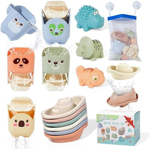 Baby Bath Toys for Kids Ages 1-3, 14 Pack Mold Free Bath Toys Toddlers 2-4 Bathtub Toys with Floating Boats&Cups and No Hole Bath Toy for Babies 6-12 Months Gifts for Boys & Girls
