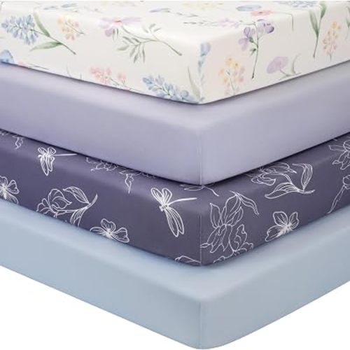 Baby Crib Sheets Girl, Toddler Bed Sheets Fitted for 52"x28" Standard Crib and Toddler Mattresses, 4 Pack Soft Breathable Stretchy Microfiber Blue Purple Flower