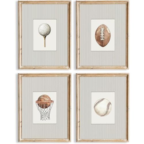 Sports Wall Art Decor Toddler Boys Room Canvas Prints Vintage Sports Nursery Wall Decor Kids Poster Football Baseball Pictures Basketball Golf Painting Artwork for Bedroom 8x10 Inch Unframed Set of 4