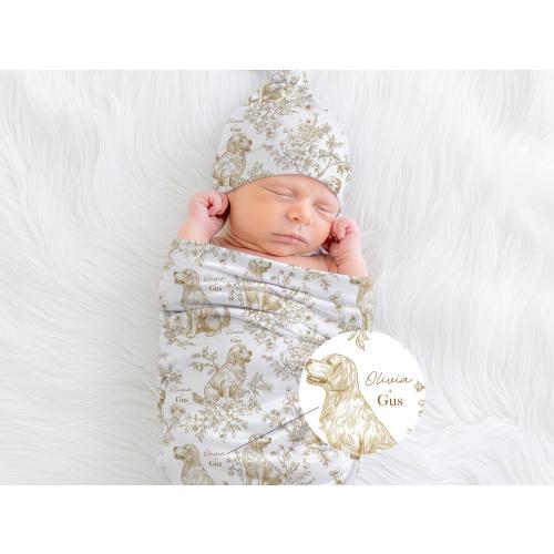 Toile Golden Retriever Baby Swaddle Personalized Minky Dog Blanket with Baby Name & Pet Name Vintage Nursery Decor Baby Shower Gift for Mom