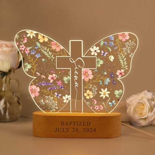 Personalized Butterfly Cross Night Light: Christian Nursery Decor, Baptism Gift